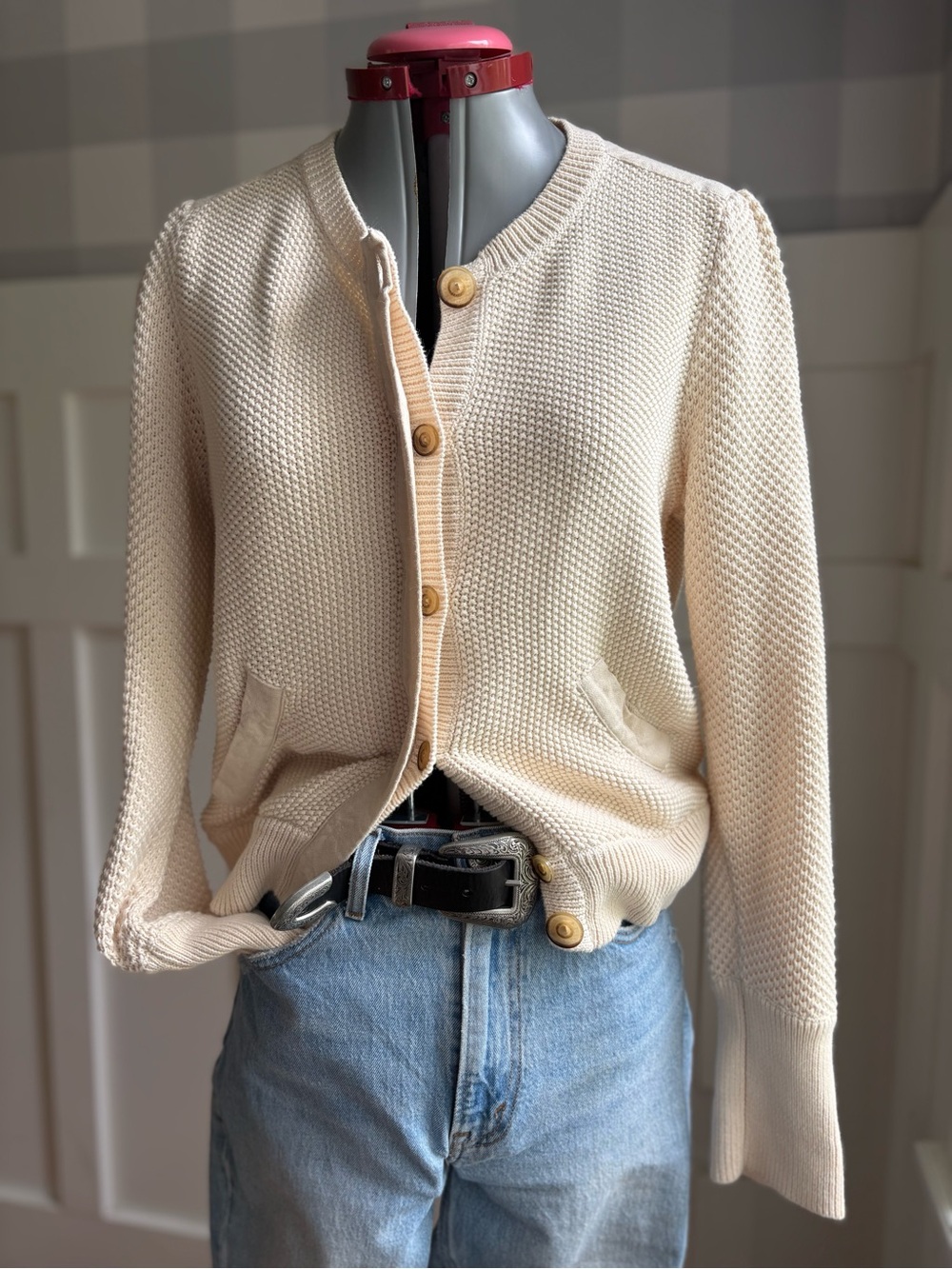 GAP Cream Button-Front Textured Cardigan Large